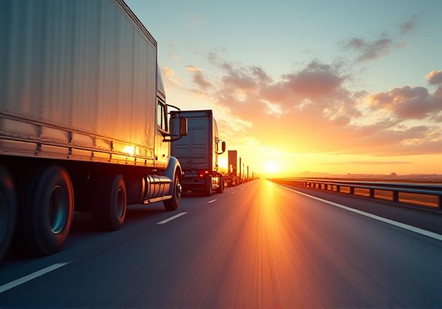 Modern logistics fleet of trucks on the highway